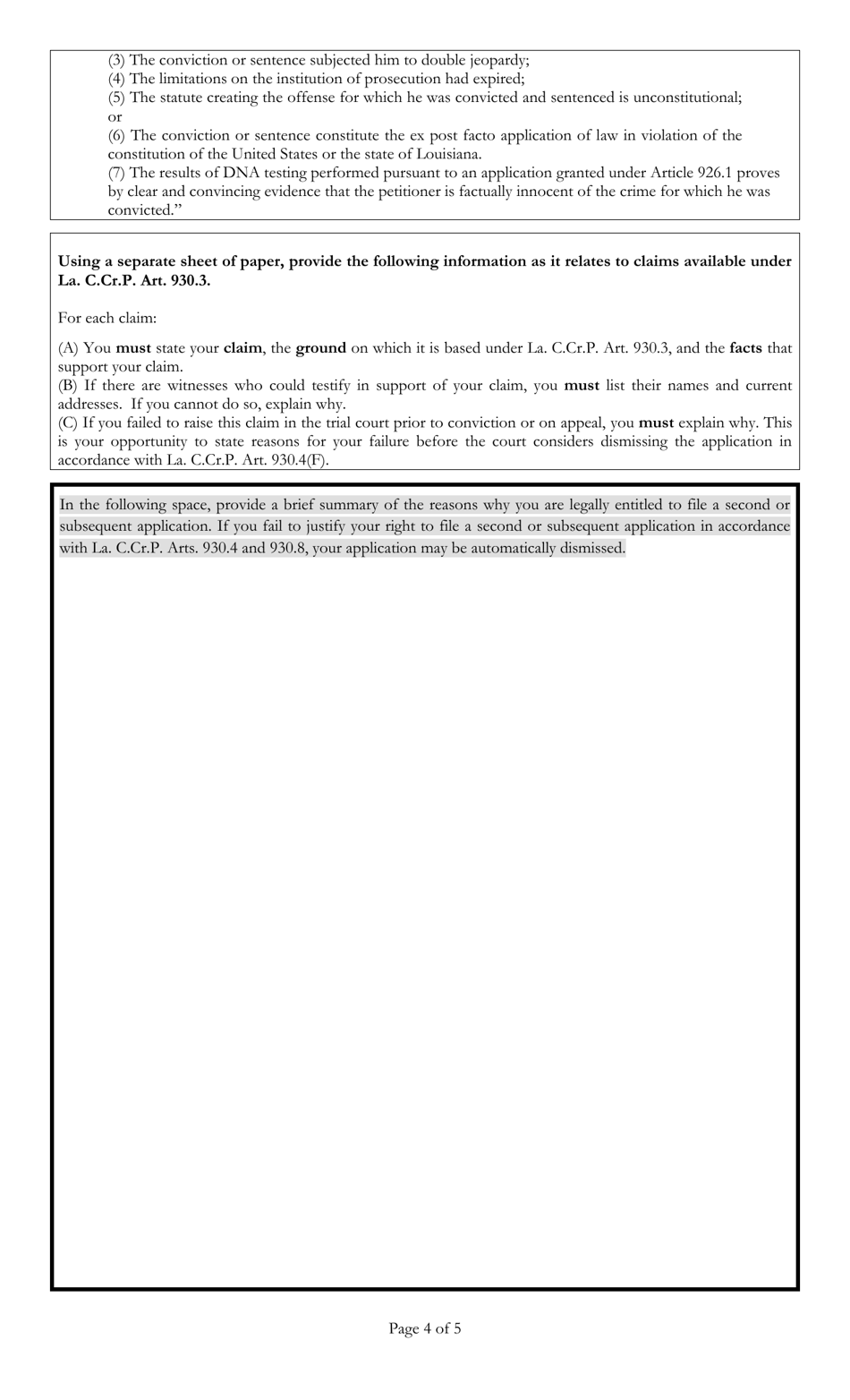 Second or Subsequent Uniform Application for Postconviction Relief - Louisiana, Page 4