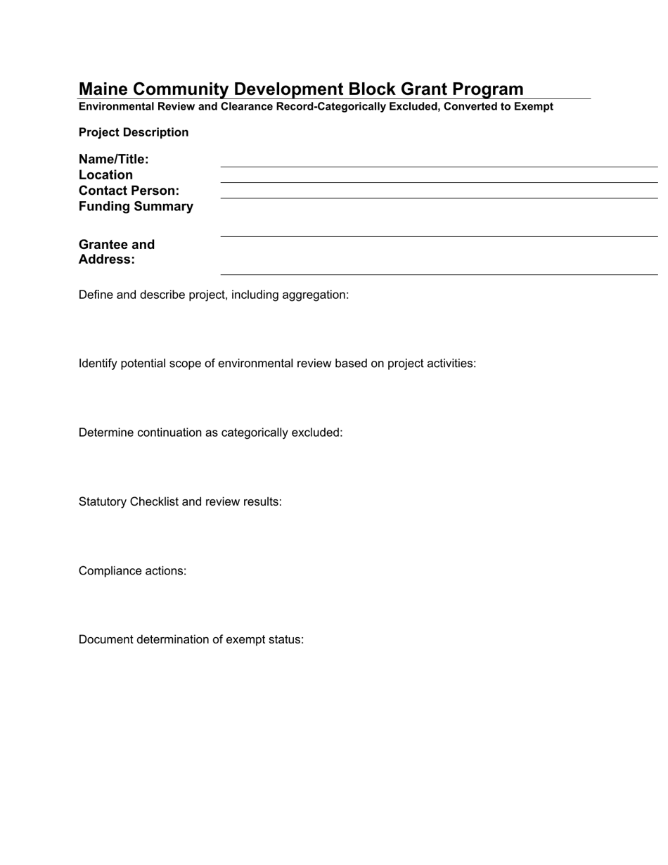Environmental Review and Clearance Record-Categorically Excluded, Converted to Exempt - Maine, Page 1