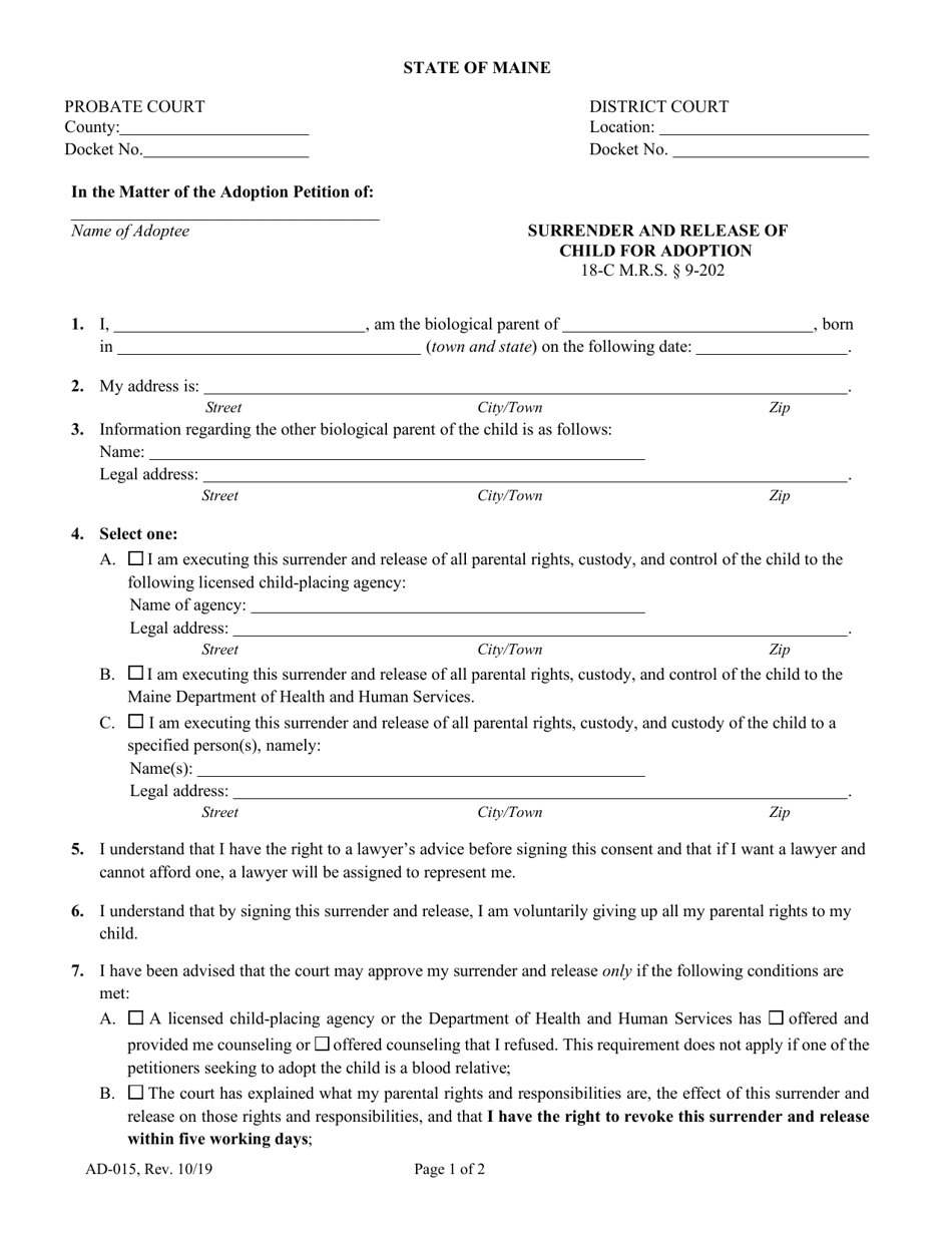 Form AD-015 Surrender and Release of Child for Adoption - Maine, Page 1