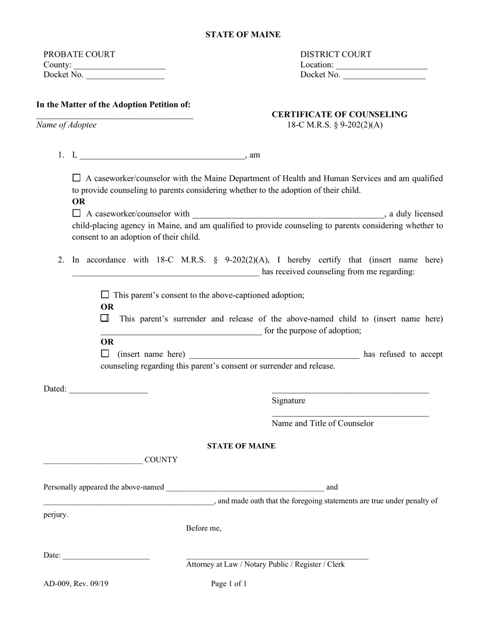 Form AD-009 Certificate of Counseling - Maine, Page 1