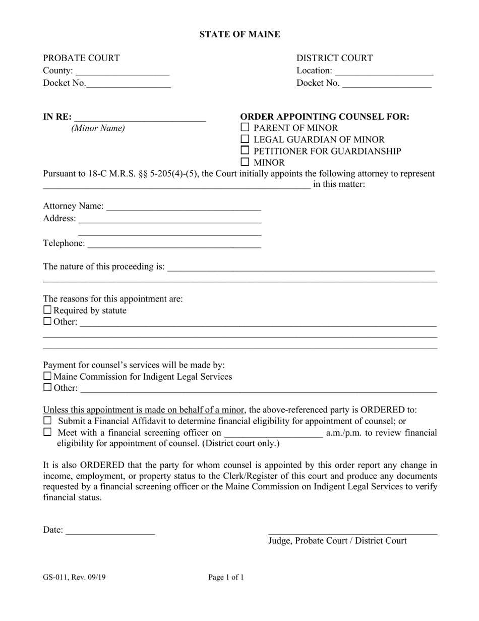 Form GS-011 Order Appointing Counsel for Parent of Minor / Legal Guardian of Minor / Petitioner for Guardianship / Minor - Maine, Page 1