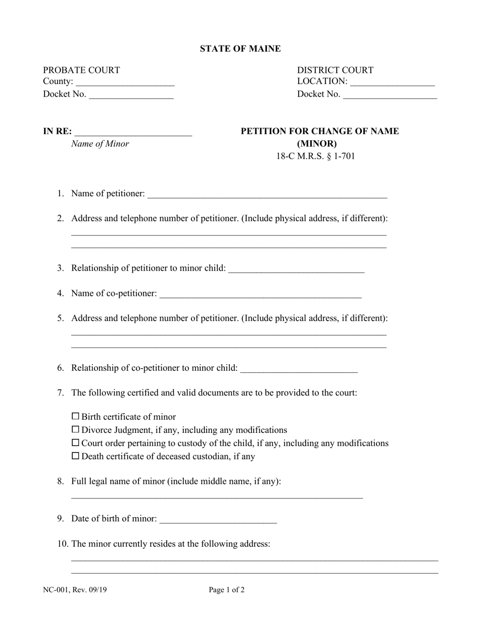 Form NC-001 Petition for Change of Name (Minor) - Maine, Page 1