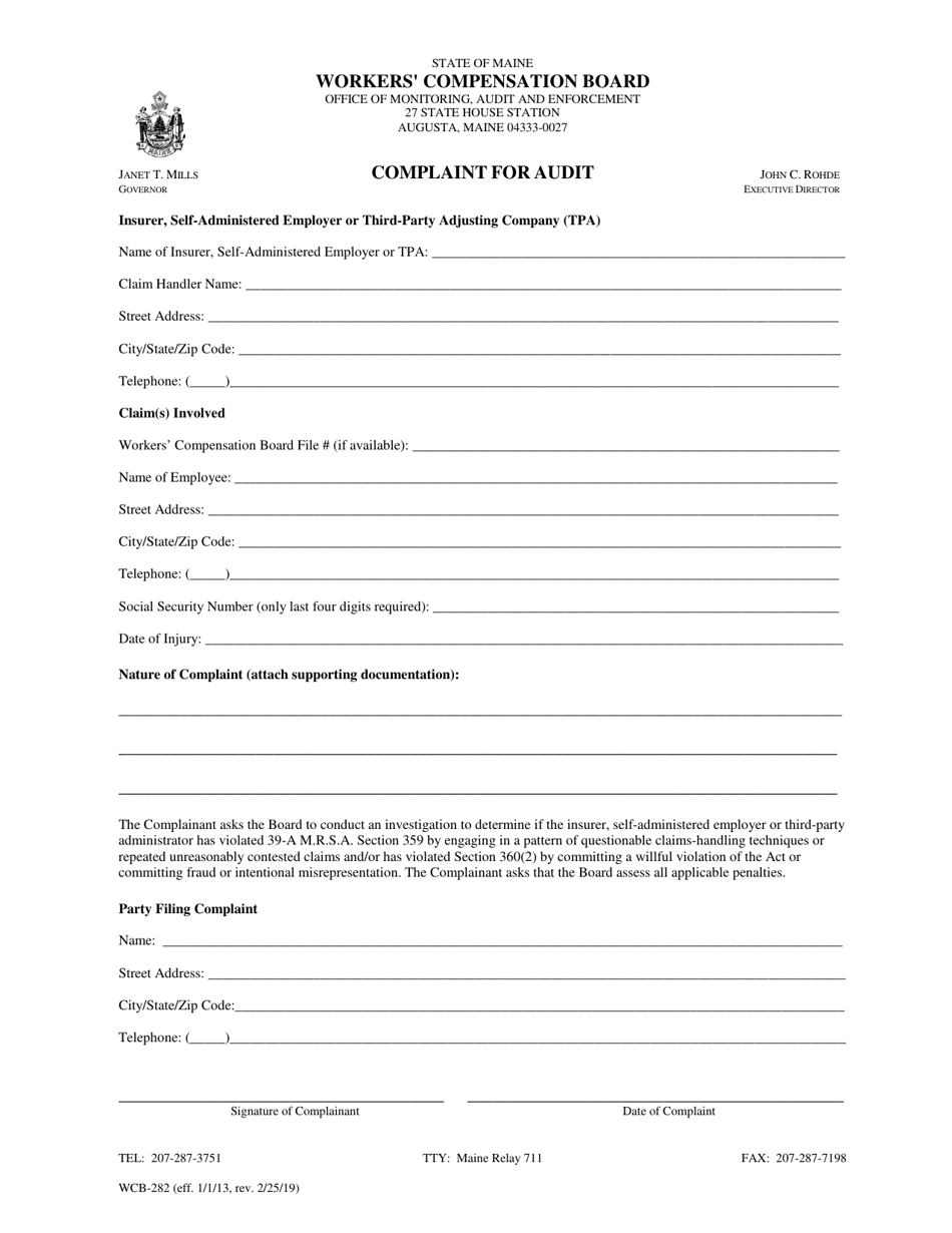 Form WCB-282 Complaint for Audit - Maine, Page 1