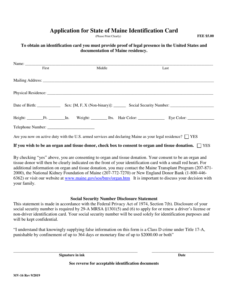 Form MV-16 Application for State of Maine Identification Card - Maine, Page 1