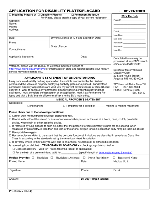 Form PS-18 Application for Disability Plates/Placard - Maine