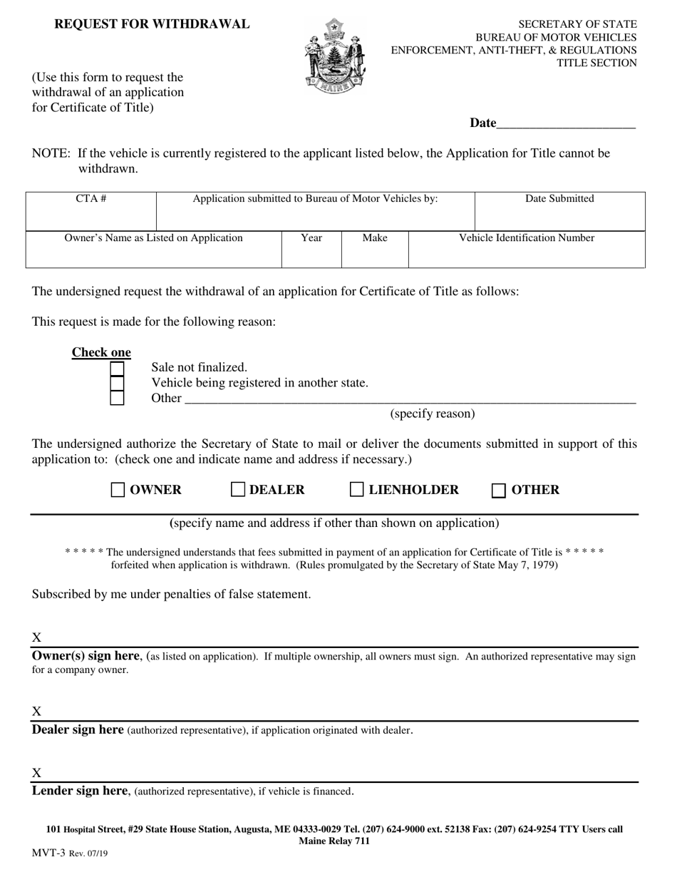 Form MVT-3 Request for Withdrawal - Maine, Page 1