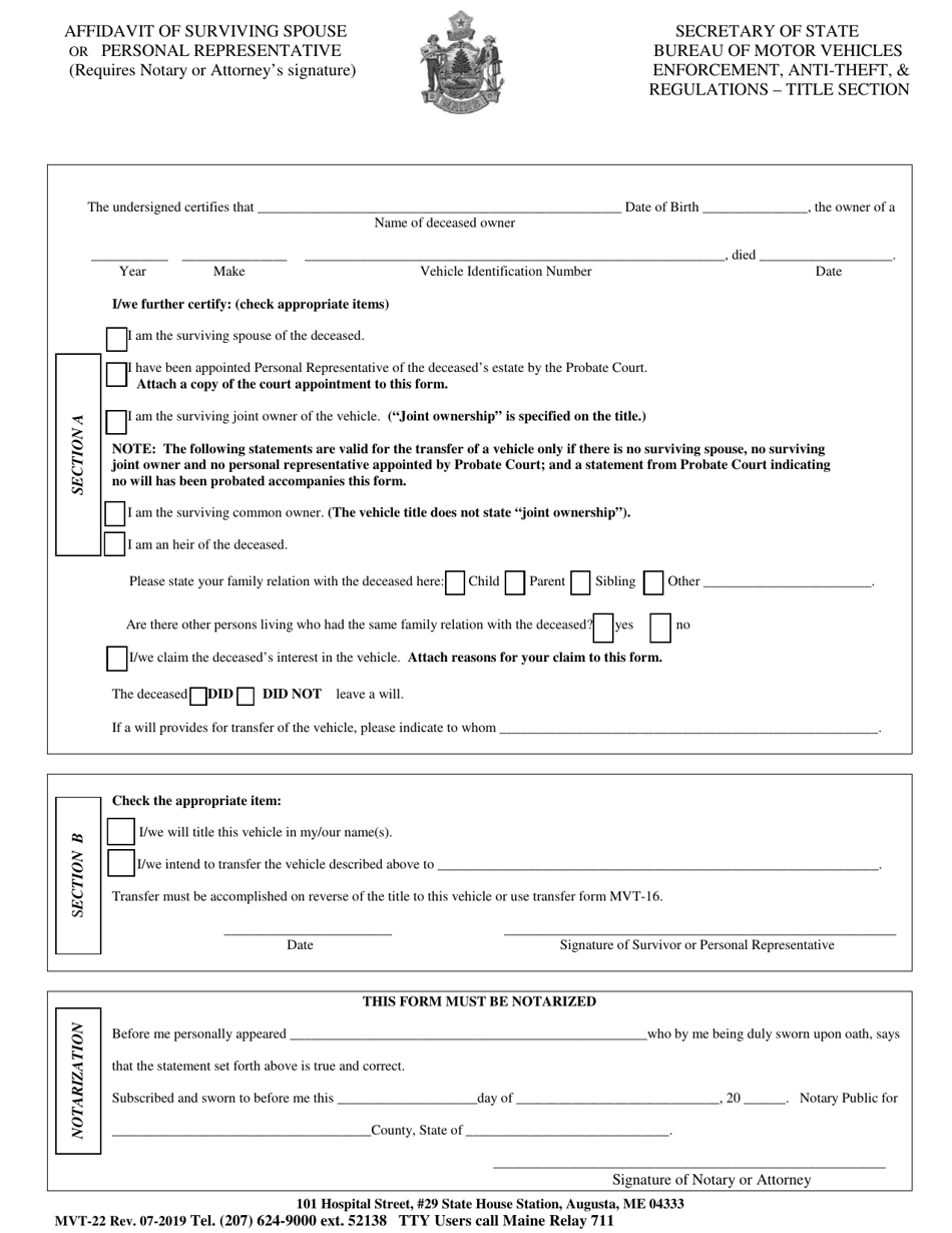 Form MVT-22 Affidavit of Surviving Spouse or Personal Representative - Maine, Page 1