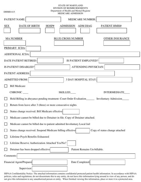 Form DHMH-615 Medicare Admission - Maryland