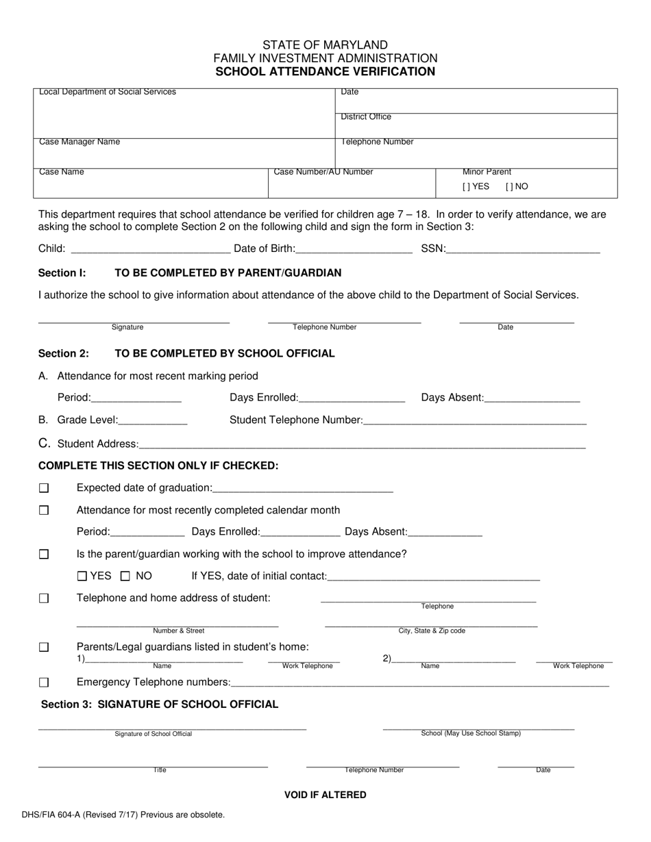 Form DHS / FIA604-A School Attendance Verification - Maryland, Page 1