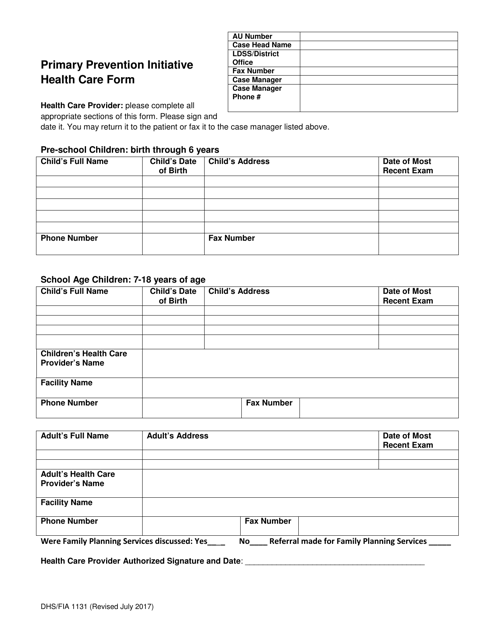 Form DHS/FIA1131 Primary Prevention Initiative Health Care Form - Maryland