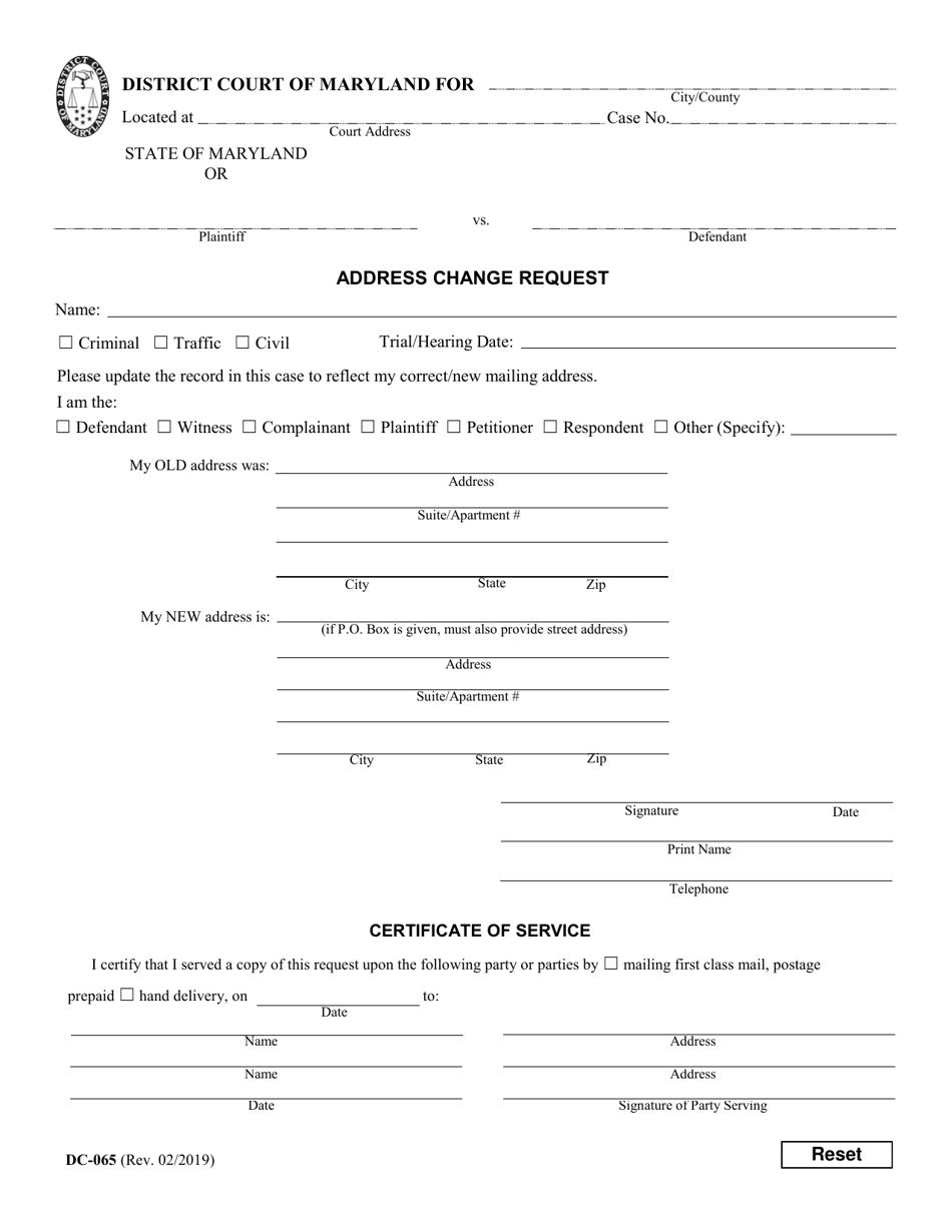 Form DC-065 Address Change Request - Maryland, Page 1
