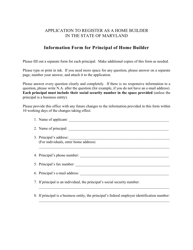 Document preview: Application to Register as a Home Builder - Information Form for Principal of Home Builder - Maryland