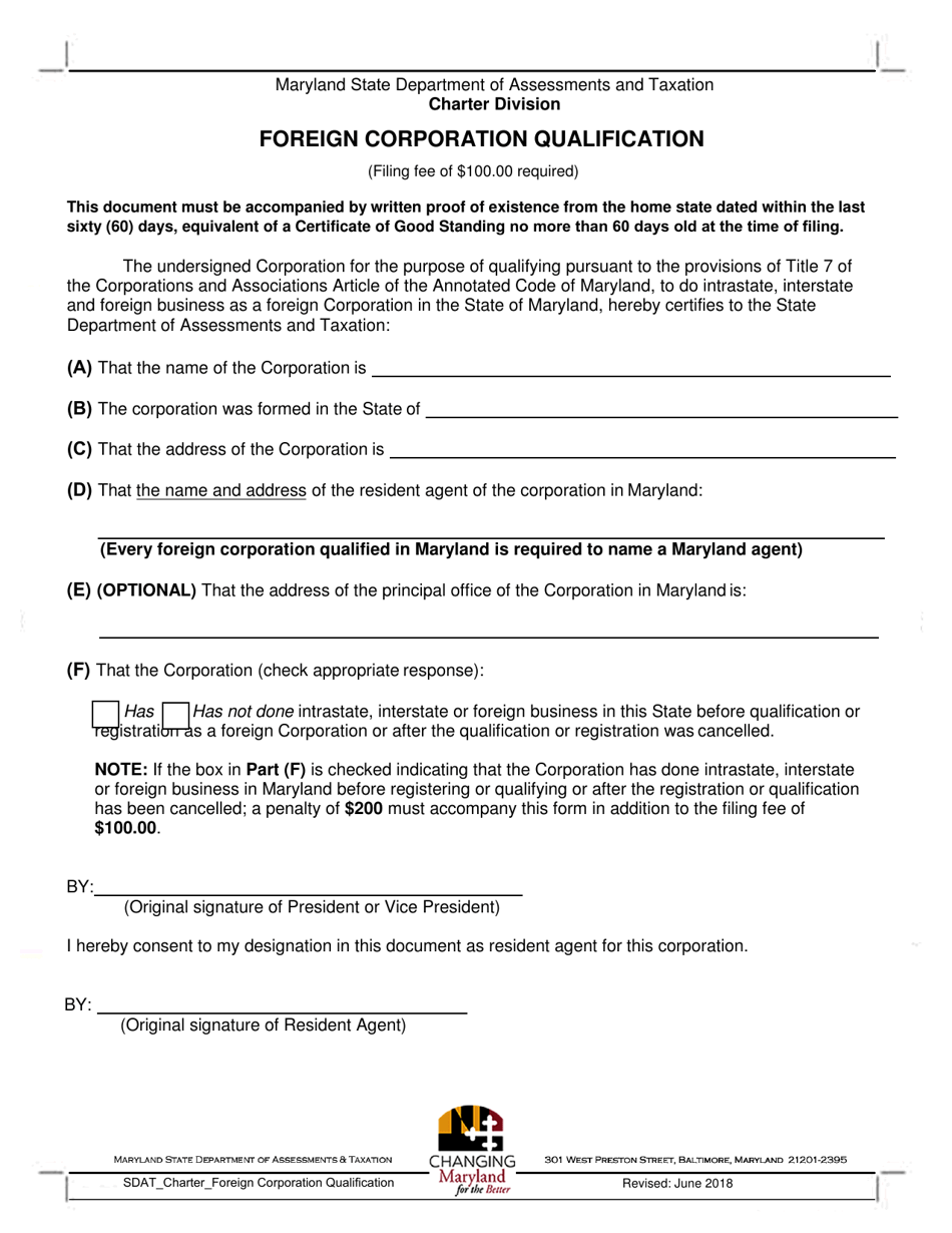 Foreign Corporation Qualification - Maryland, Page 1
