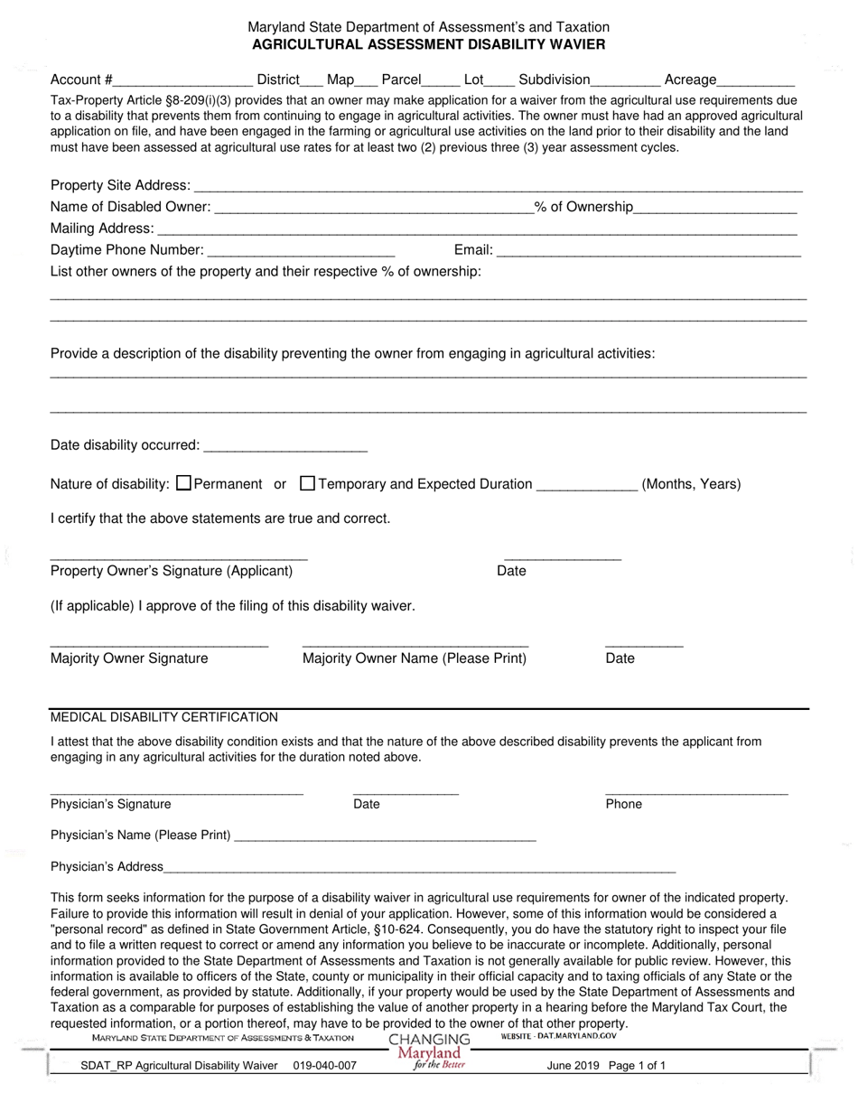 Agricultural Assessment Disability Wavier - Maryland, Page 1