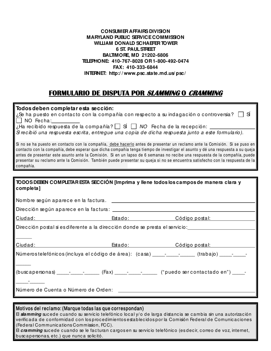 Formulario De Disputa Por Slamming O Cramming - Maryland (Spanish), Page 2