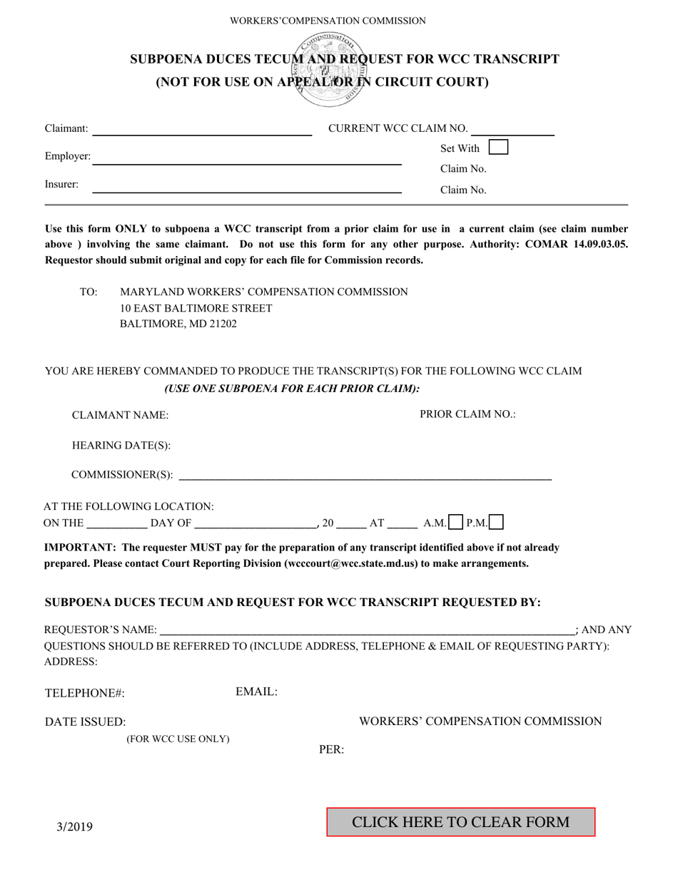 Maryland Subpoena Duces Tecum and Request for WCC Transcript - Fill Out ...