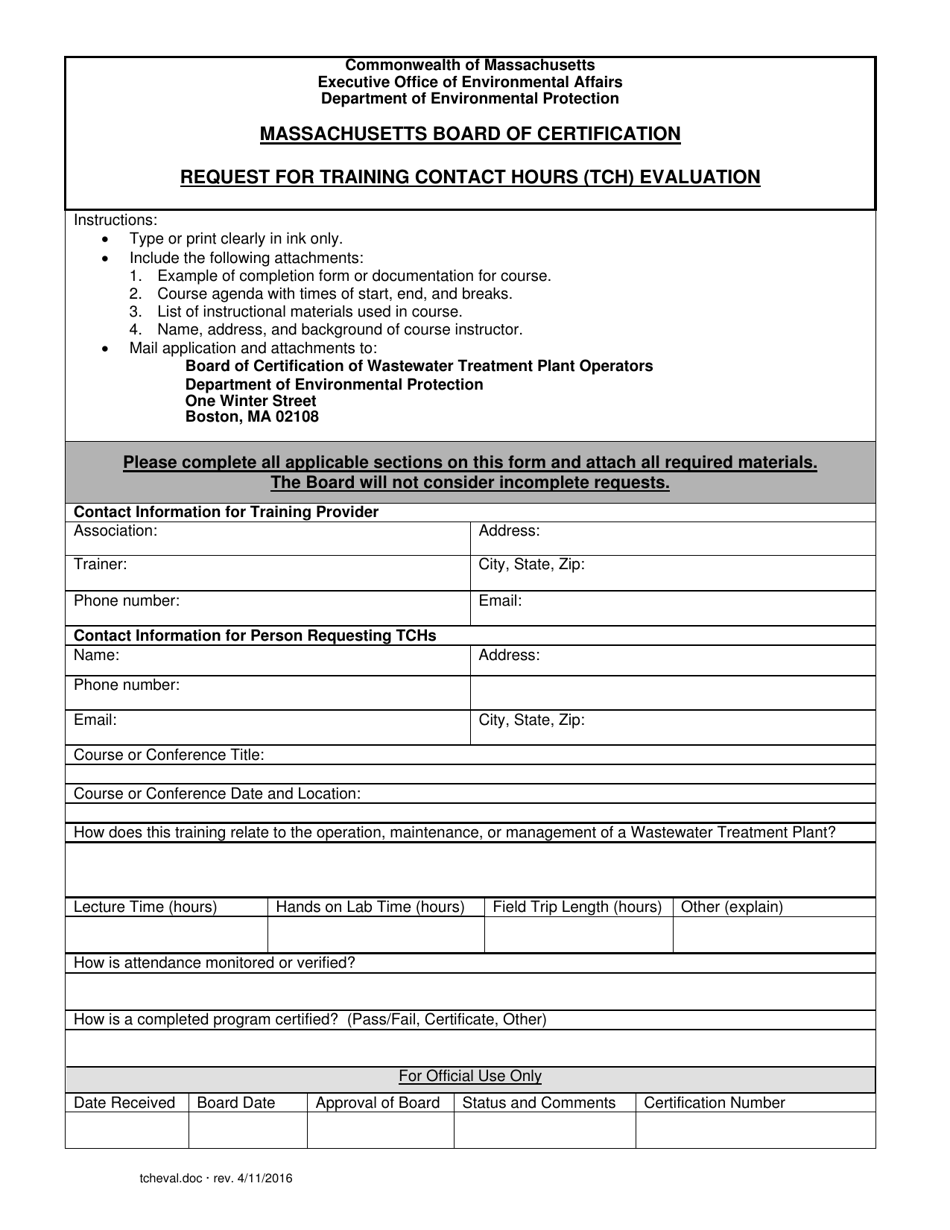 Request for Training Contact Hours (Tch) Evaluation - Massachusetts, Page 1