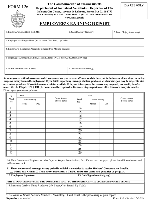 Form 126 Employee's Earning Report - Massachusetts