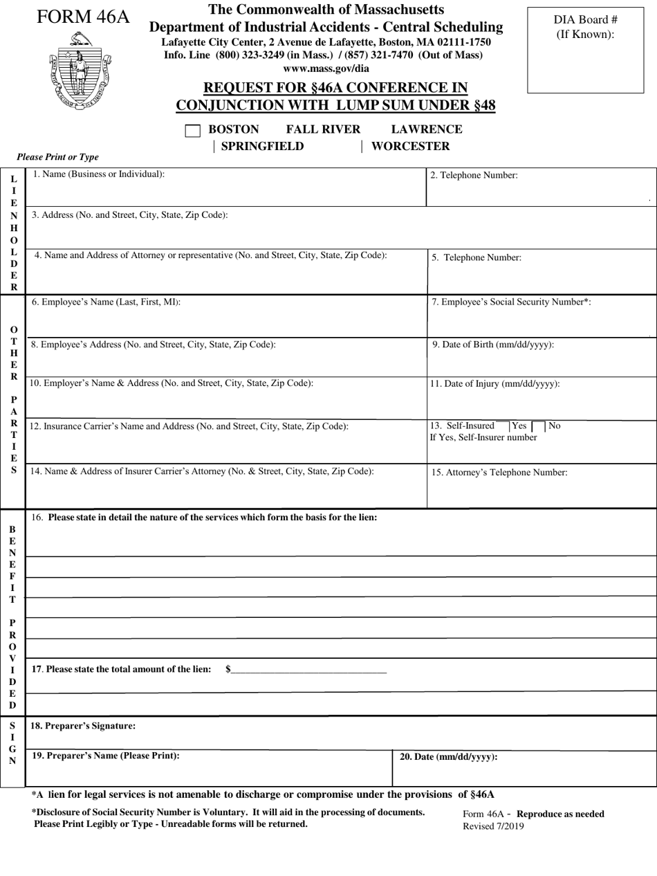 Form 46A Request for 46a Conference Inconjunction With Lump Sum Under 48 - Massachusetts, Page 1