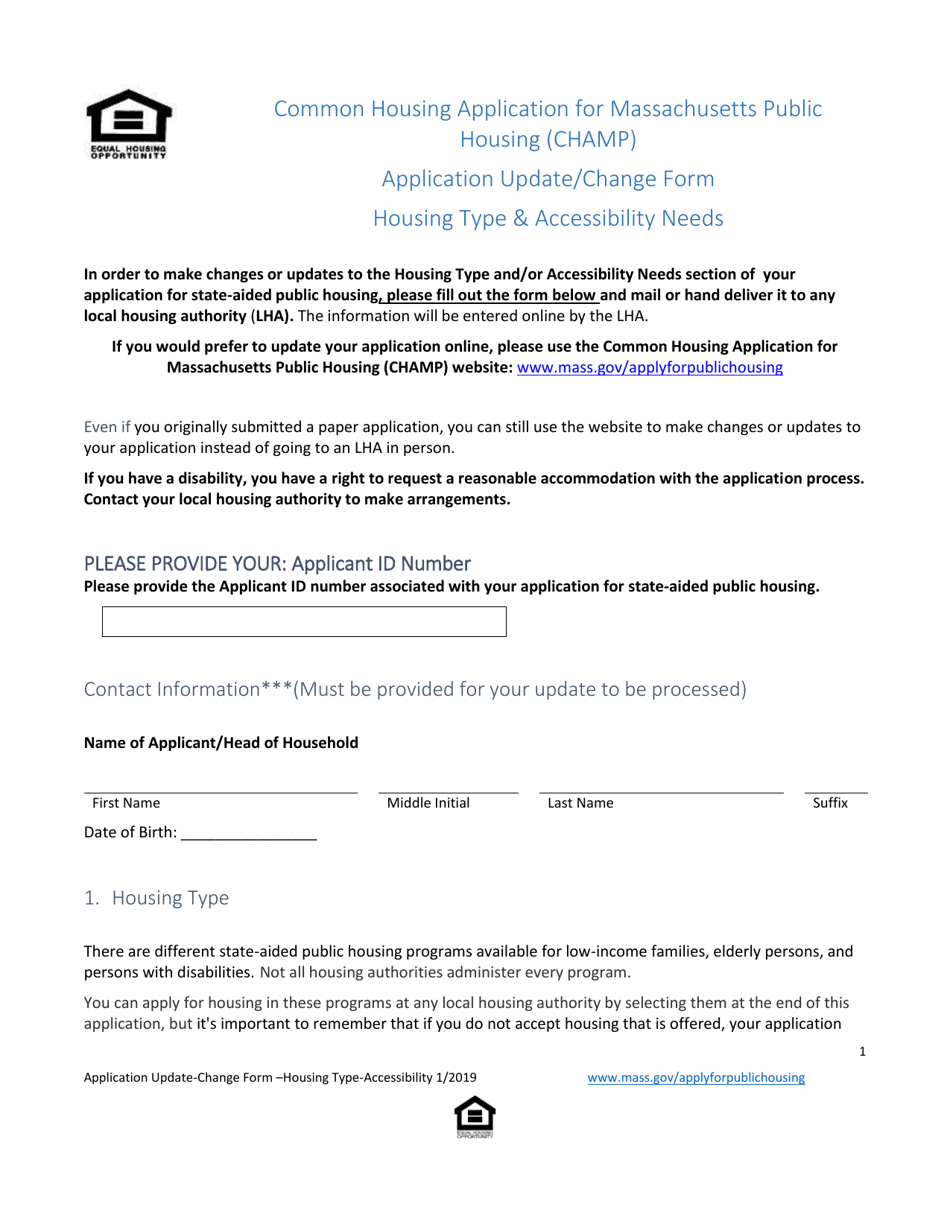 Massachusetts Champ Application Update/Change Form Housing Type