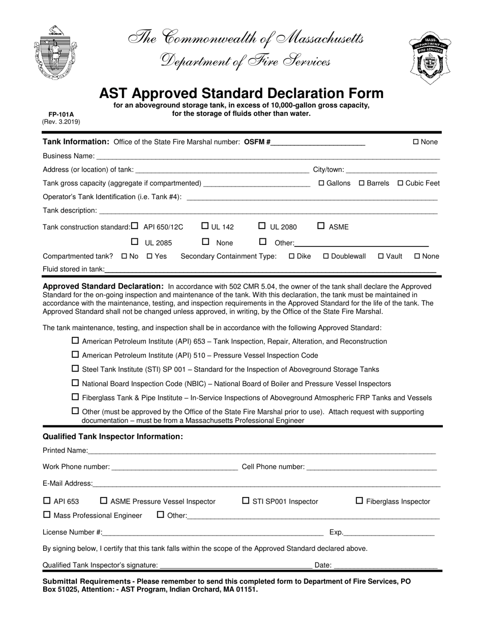 Form FP-101A Ast Approved Standard Declaration Form - Massachusetts, Page 1