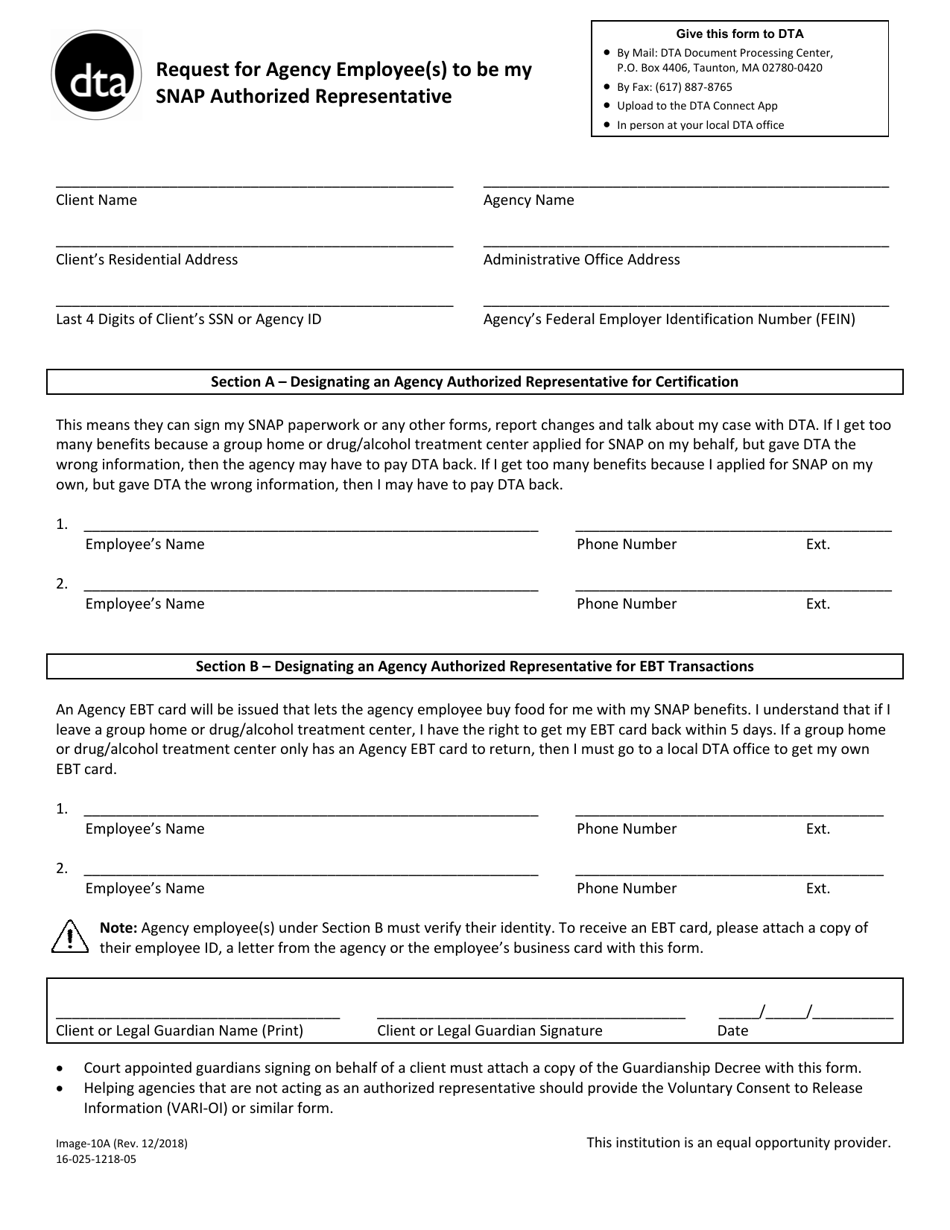 Form Image-10A Request for Agency Employee(S) to Be My Snap Authorized Representative - Massachusetts, Page 1