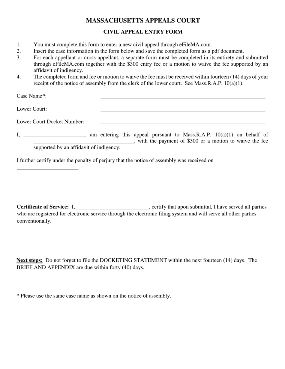 Civil Appeal Entry Form - Massachusetts, Page 1