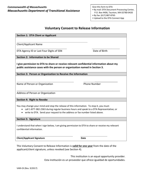 Form VARI-OI Voluntary Consent to Release Information - Massachusetts
