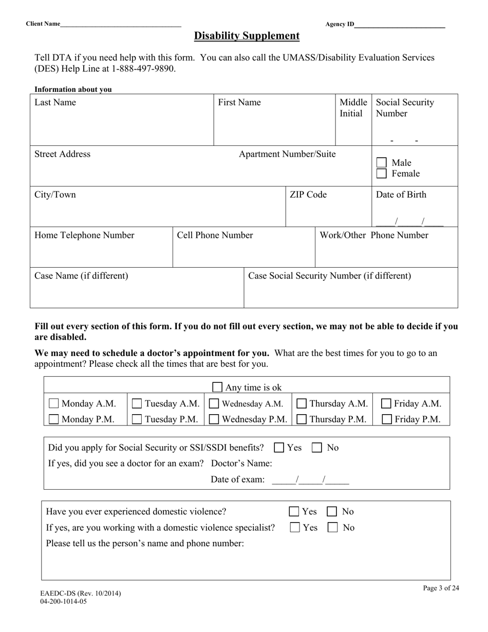 Form EAEDC-DS Emergency Aid to the Elderly, Disabled and Children Disability Supplement - Massachusetts, Page 3