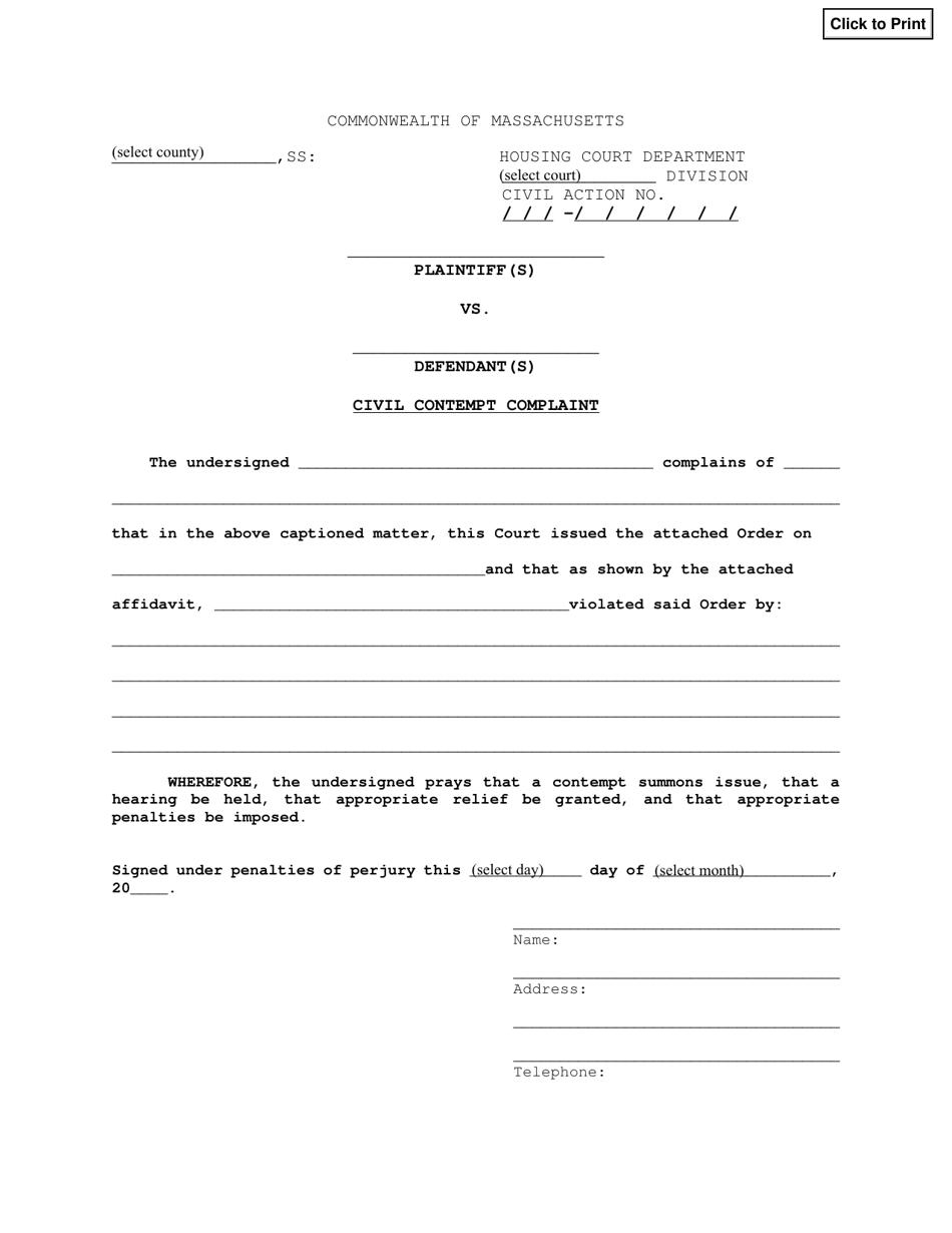 Civil Contempt Complaint - Massachusetts, Page 1