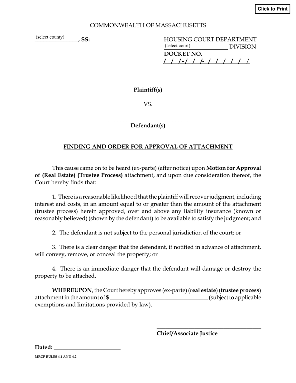 Finding and Order for Approval of Attachment - Massachusetts, Page 1