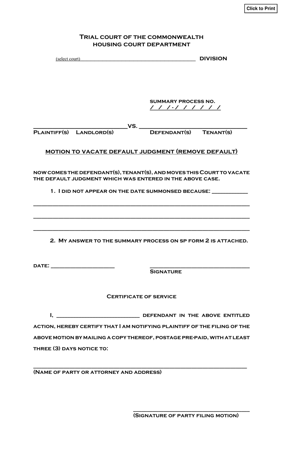 Motion to Vacate Default Judgment (Remove Default) - Massachusetts, Page 1