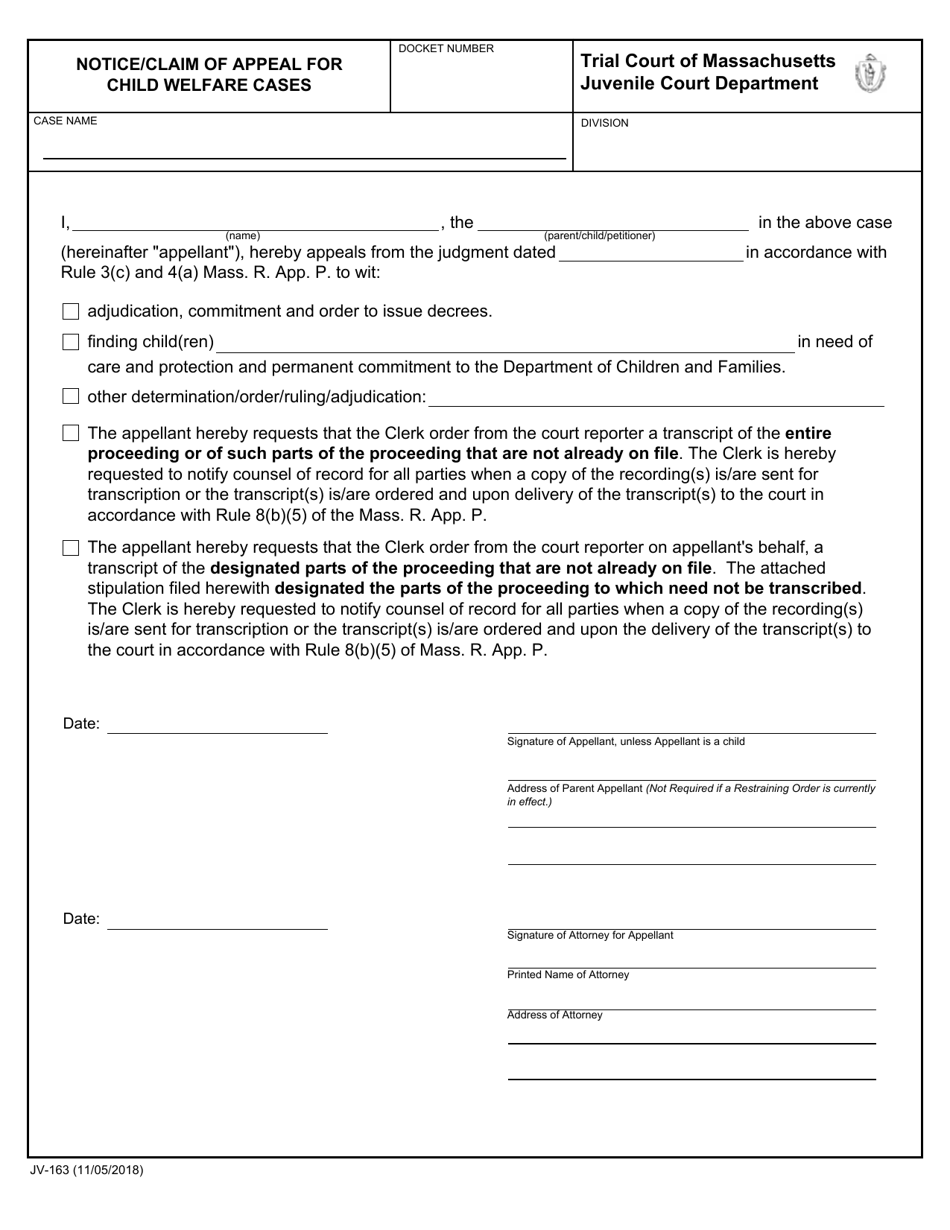 Form JV-163 Notice / Claim of Appeal for Child Welfare Cases - Massachusetts, Page 1
