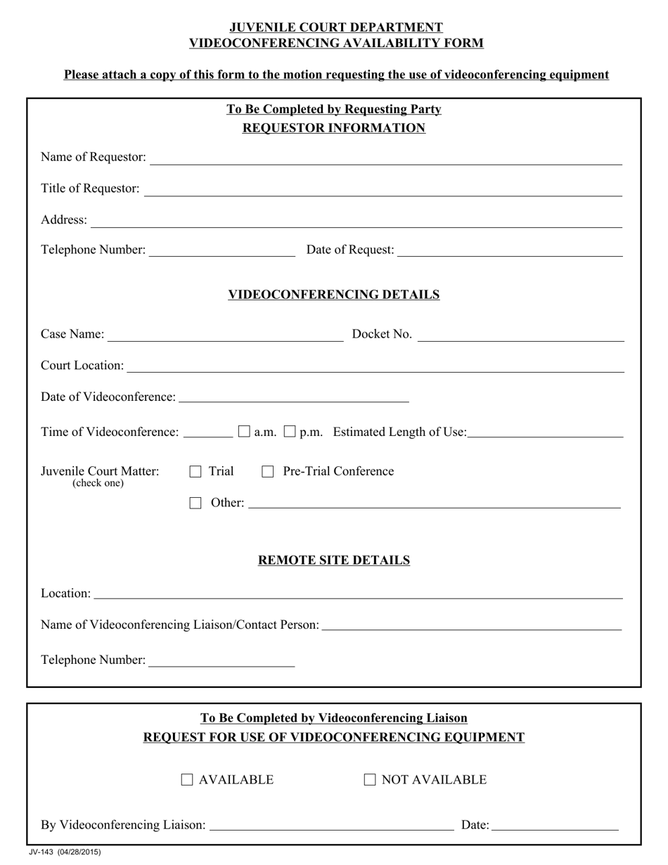 Form JV-143 Videoconferencing Availability Form - Massachusetts, Page 1