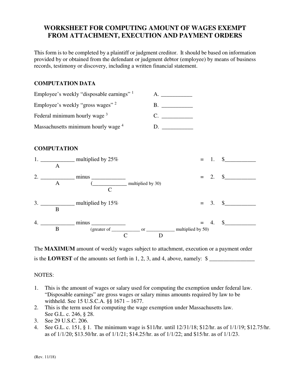 Worksheet for Computing Amount of Wages Exempt From Attachment, Execution and Payment Orders - Massachusetts, Page 1