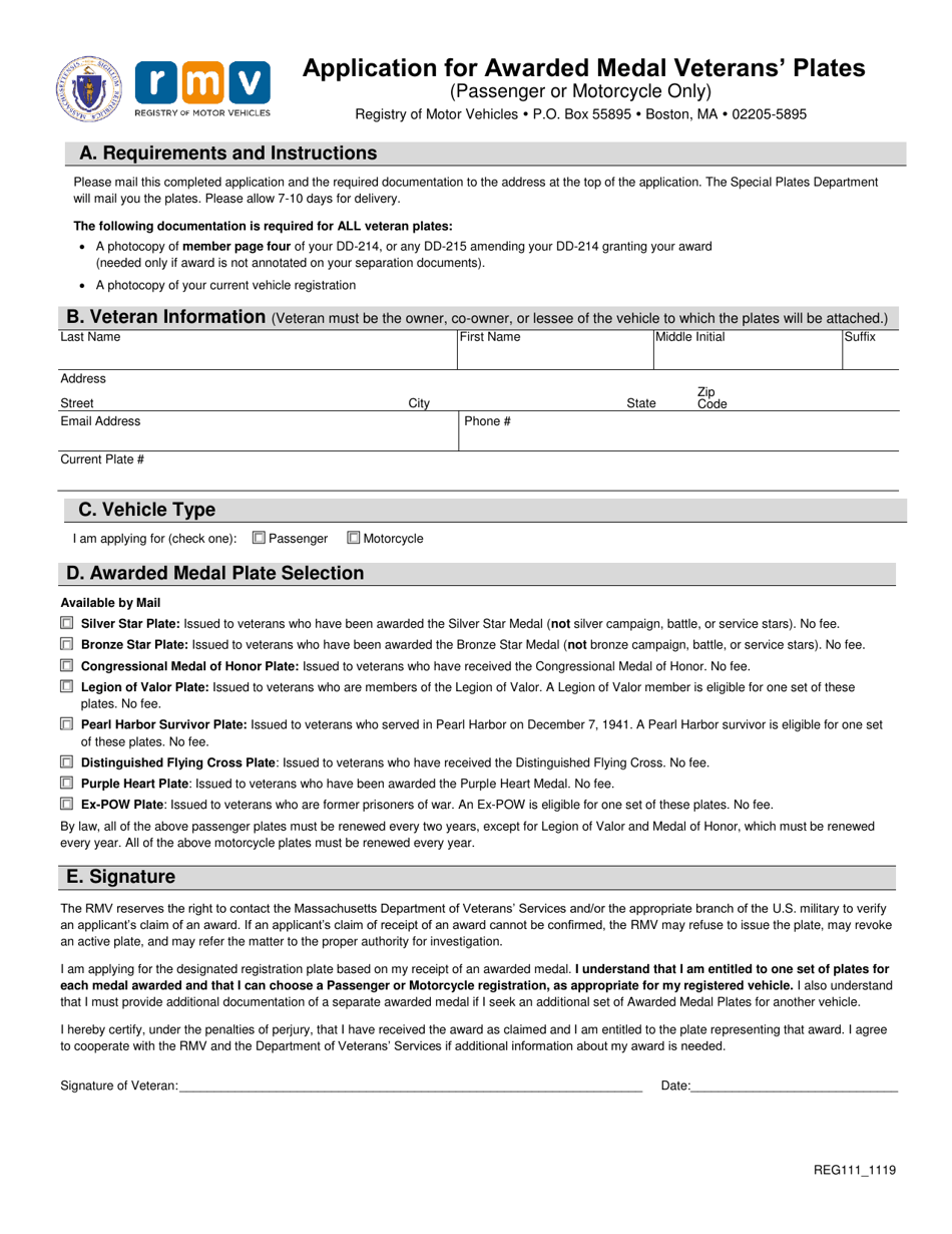Form REG111 Application for Awarded Medal Veterans Plates - Massachusetts, Page 1