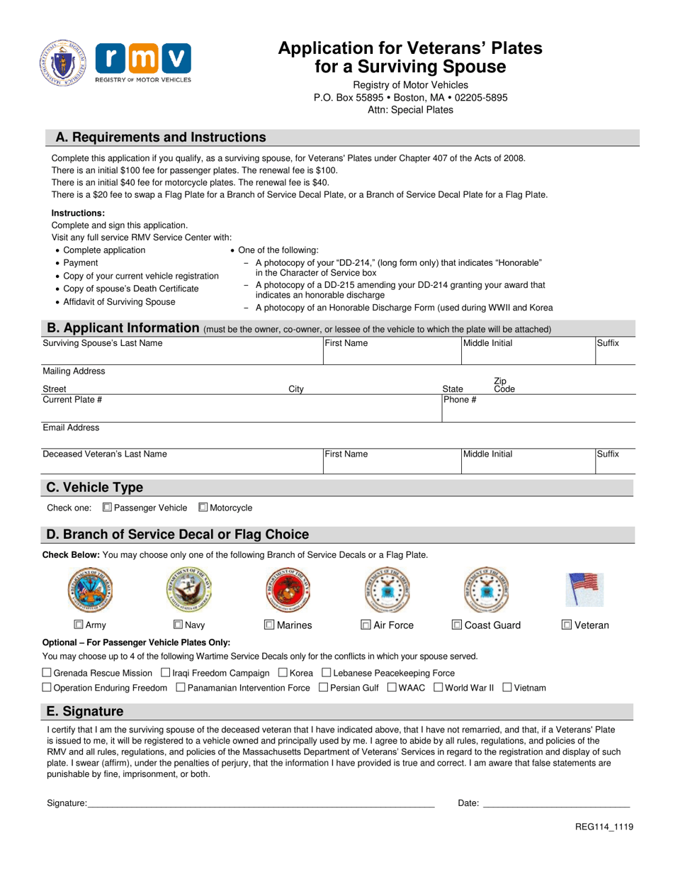 Form REG114 Application for Veterans Plates for a Surviving Spouse - Massachusetts, Page 1