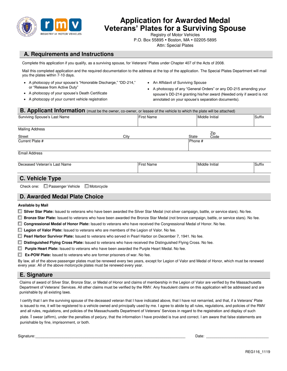 Form REG116 Application for Awarded Medal Veterans Plates for a Surviving Spouse - Massachusetts, Page 1