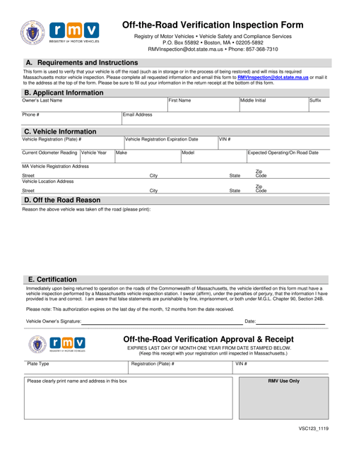 Form VSC123 Off-The-Road Verification Inspection Form - Massachusetts