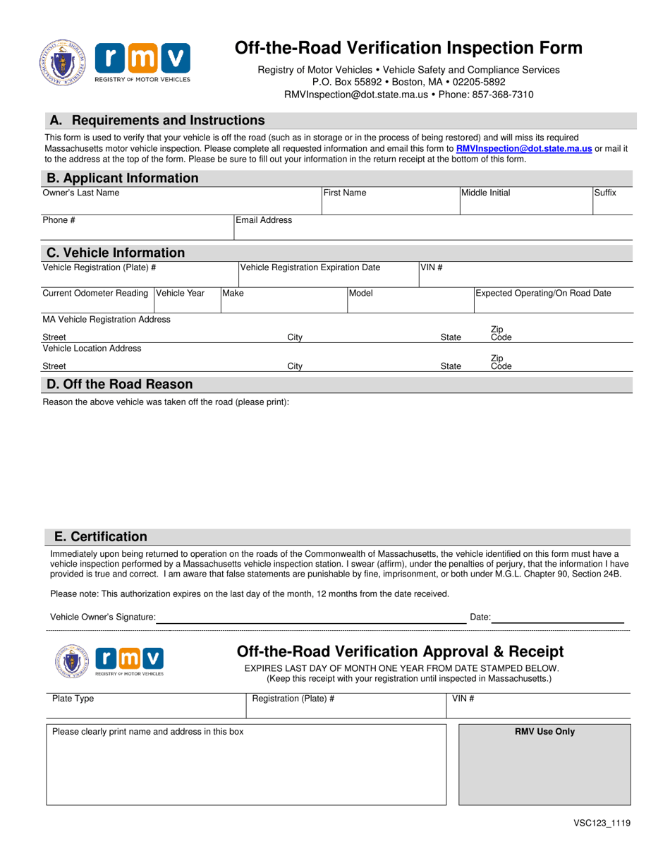 Form VSC123 Off-The-Road Verification Inspection Form - Massachusetts, Page 1