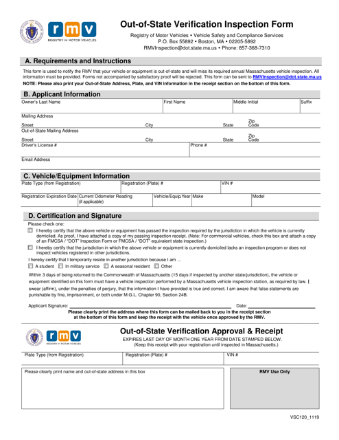 Form VSC120 Out-of-State Verification Inspection Form - Massachusetts
