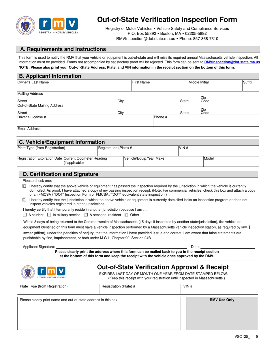 Form VSC120 Out-of-State Verification Inspection Form - Massachusetts, Page 1