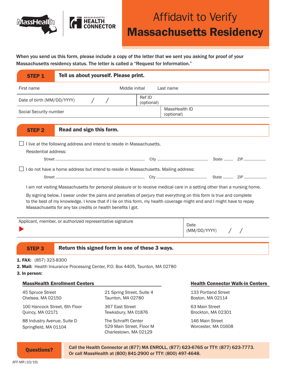 Form AFF-MR Affidavit to Verify Massachusetts Residency - Massachusetts, Page 1