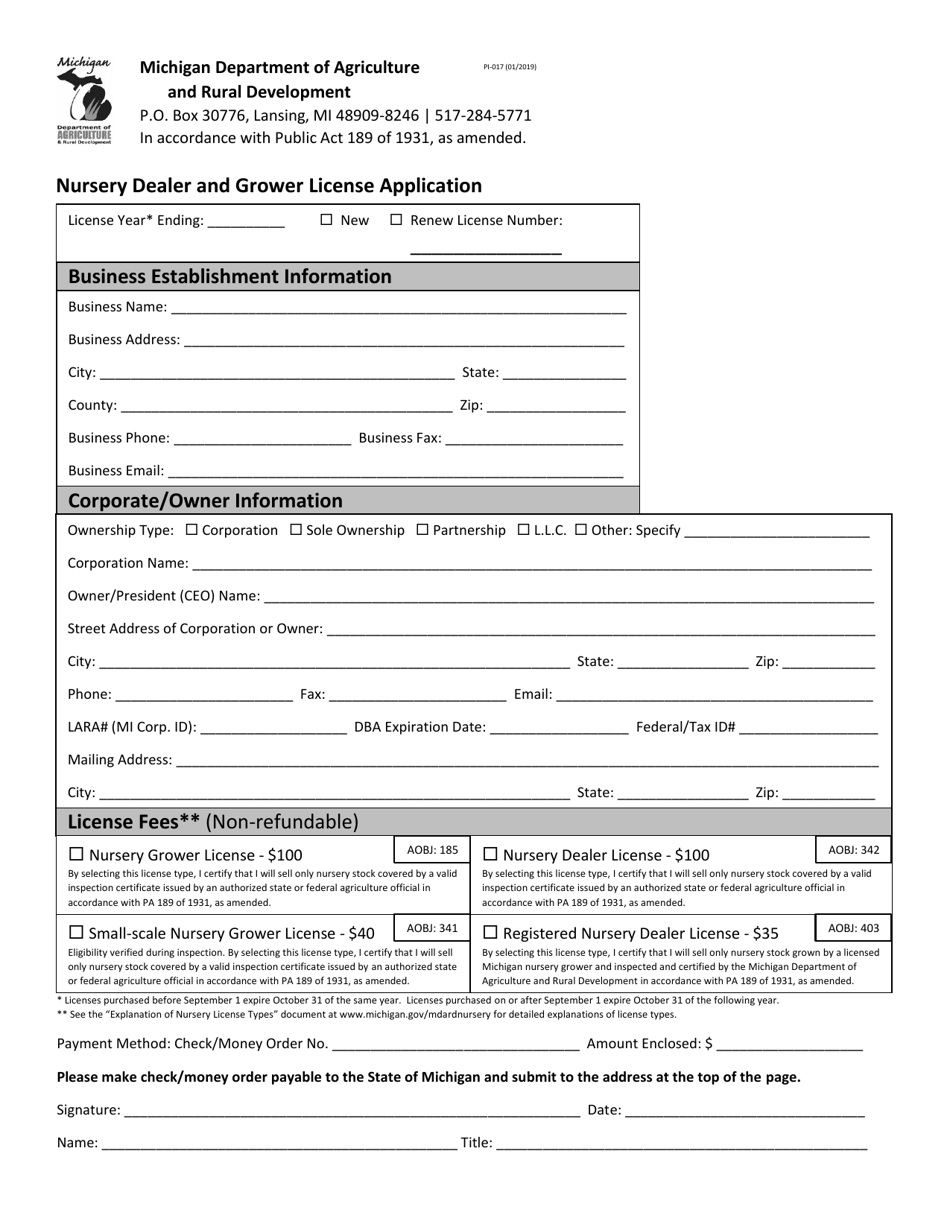 Form PI-017 Nursery Dealer and Grower License Application - Michigan, Page 1