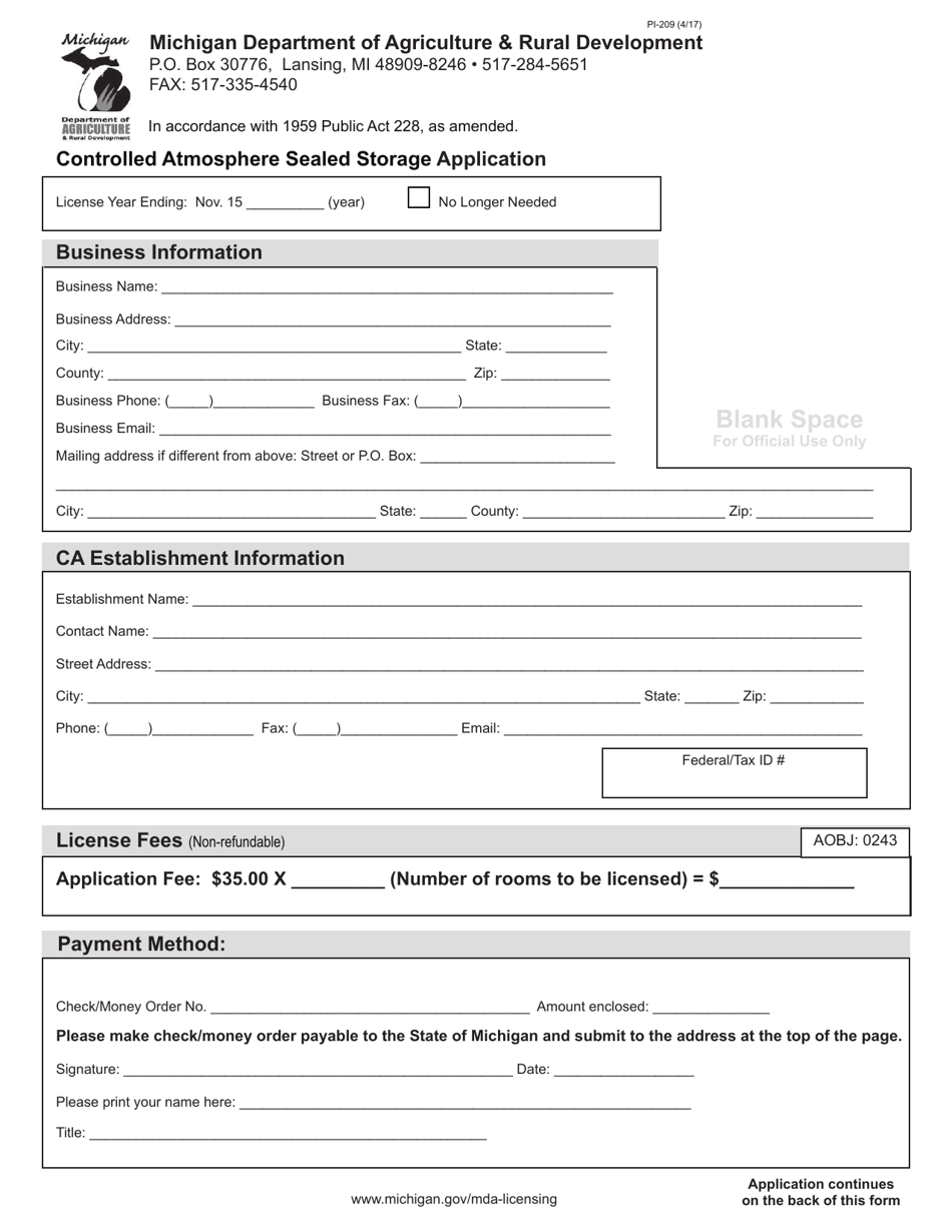 Form PI-209 Controlled Atmosphere Sealed Storage Application - Michigan, Page 1