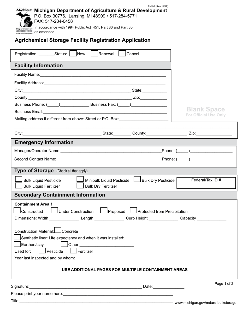 Form PI-192 Agrichemical Storage Facility Registration Application - Michigan, Page 1