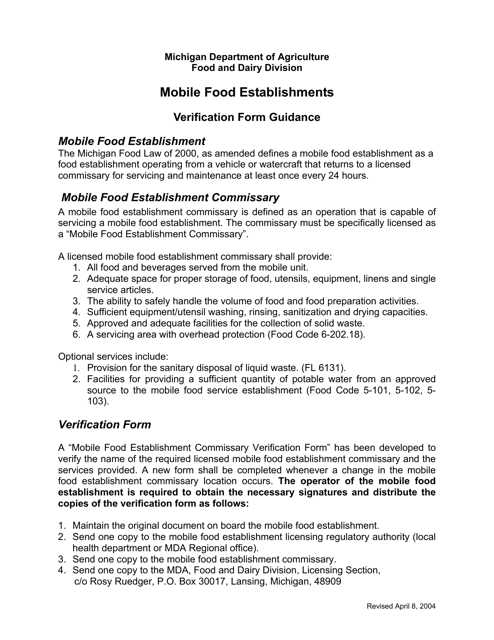Mobile Food Establishments Commissary Verification Form - Michigan Download Pdf