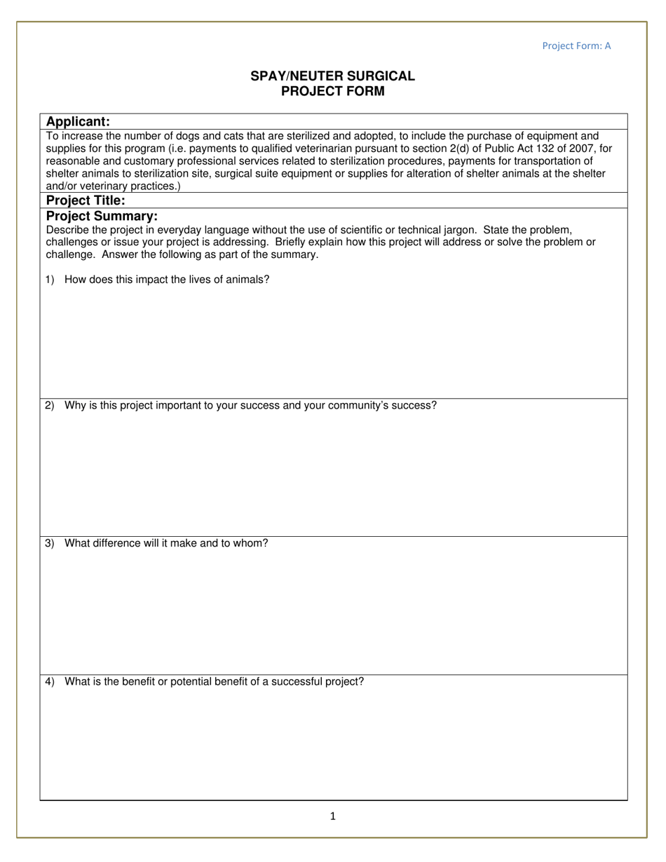 Project Form A Spay / Neuter Surgical - Michigan, Page 1