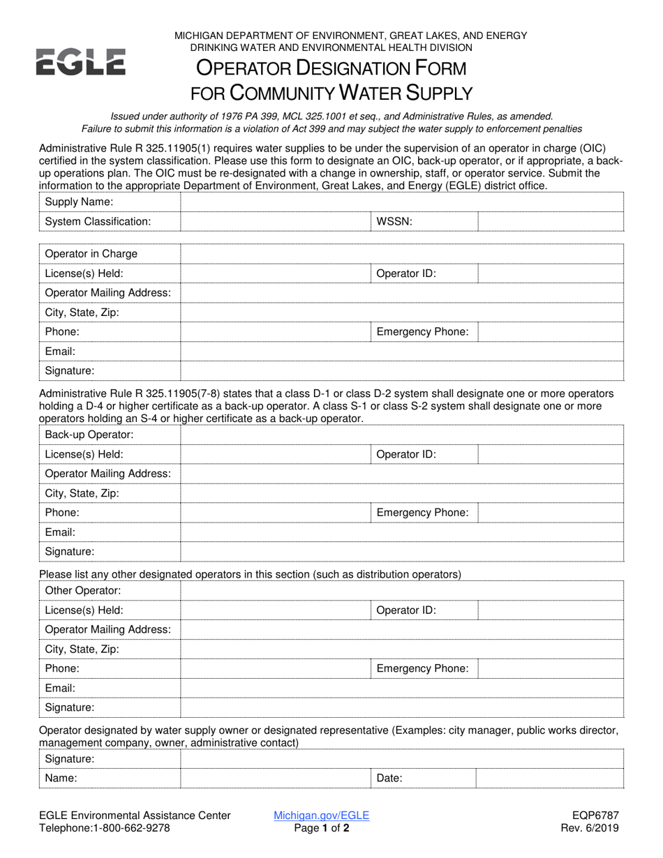 Form EQP6787 Operator Designation Form for Community Water Supply - Michigan, Page 1