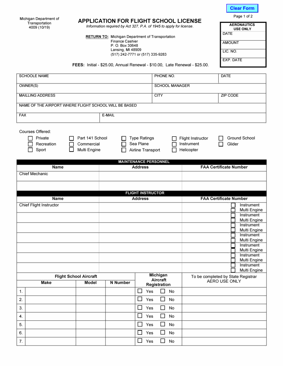 Form 4009 Application for Flight School License - Michigan, Page 1